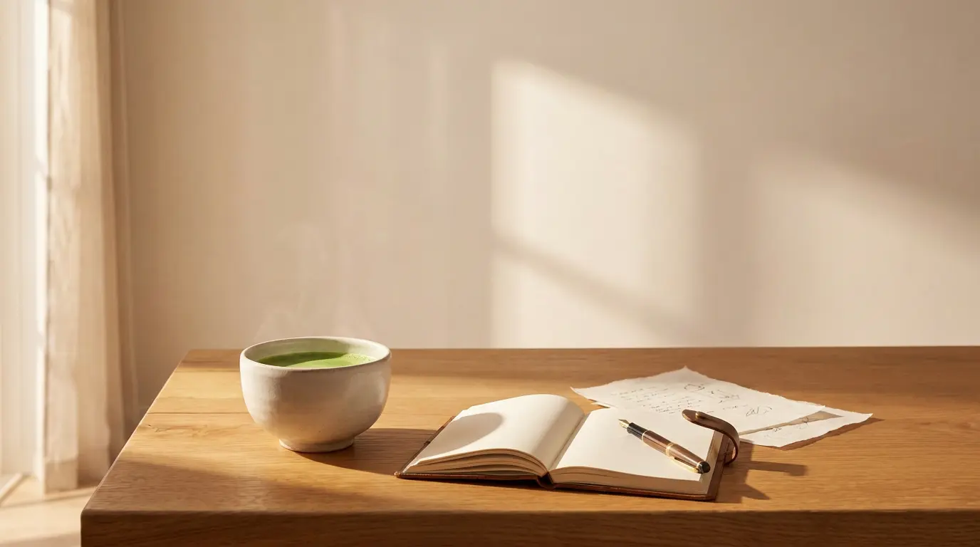 A warm, minimalist scene on a wooden table with a white ceramic cup of green tea, an open notebook, and a pen under soft sunlight casting shadows on a beige wall.