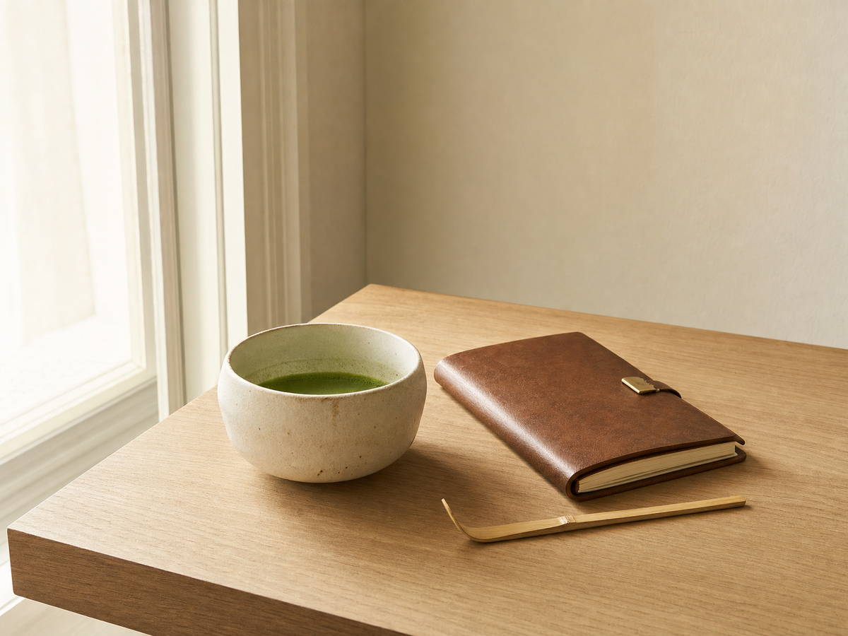 A brown leather-bound notebook with a gold clasp rests on a light wood table next to a ceramic bowl of green matcha tea and a gold chopstick holder, in a softly lit room.
