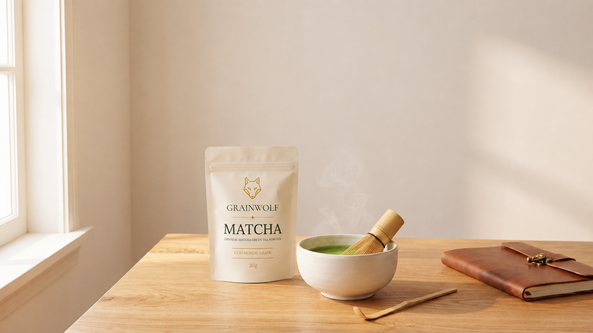 A stand-up pouch of Grainwolf Matcha sits on a wooden table beside a small bowl of green matcha powder, a bamboo whisk, and a brown leather notebook in a softly lit interior setting.