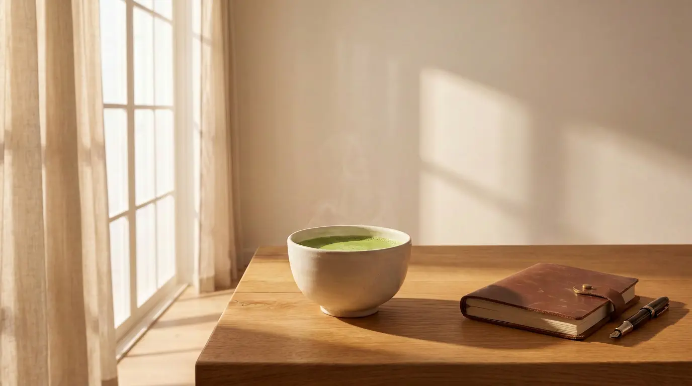 A white ceramic bowl filled with green tea sits on a wooden table next to a brown leather notebook and a pen, with warm sunlight streaming through a window in the background.