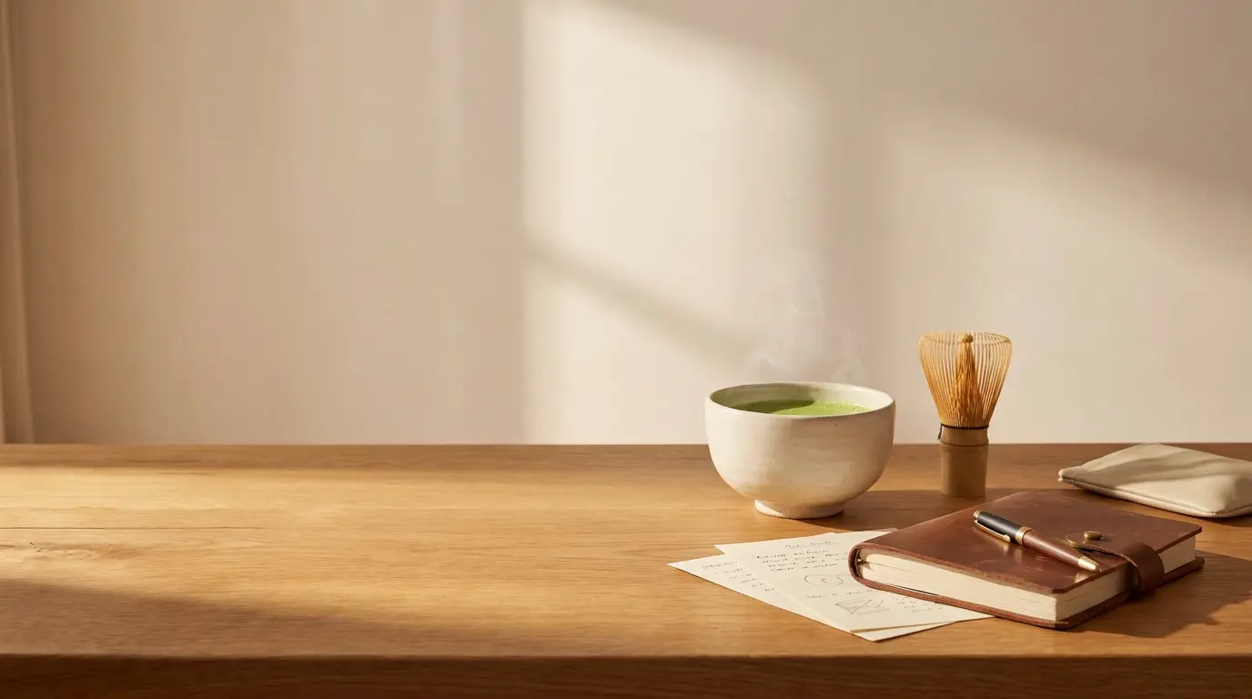A warm, minimalist tabletop scene with a white ceramic bowl of green matcha tea, a bamboo whisk, a brown leather notebook, and papers on a wooden table, set against a beige wall with soft window shadows.