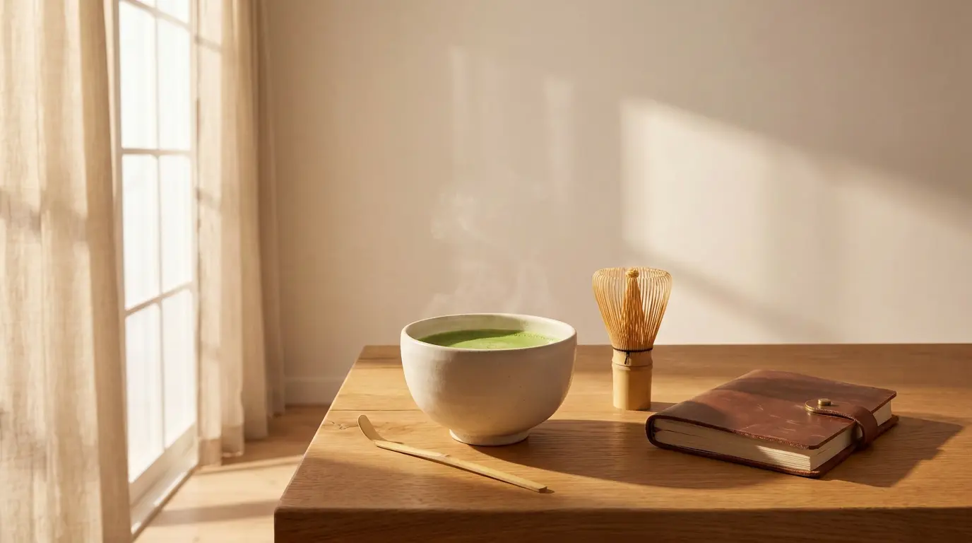 A warm, minimalist interior scene with a white ceramic bowl of green matcha tea on a wooden table, alongside a bamboo whisk, a wooden spoon, and a brown leather journal, lit by soft sunlight from a nearby window.