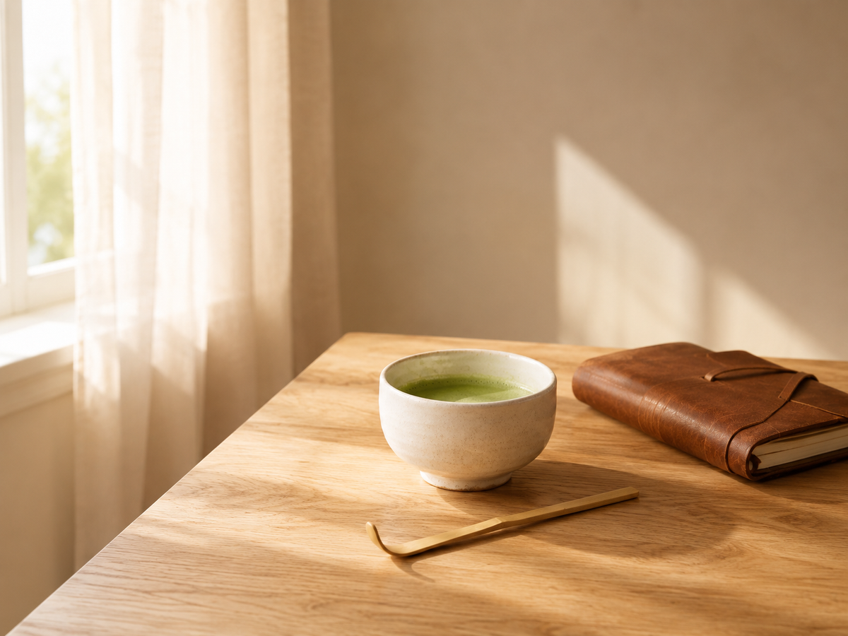 A ceramic bowl filled with green matcha tea sits on a wooden table next to a brown leather journal, with warm sunlight streaming through a window in the background.