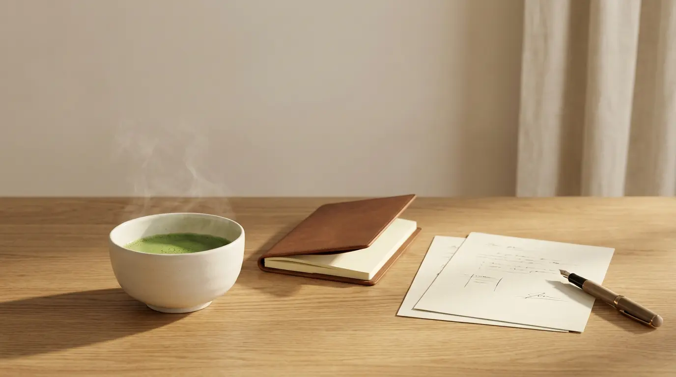 A warm, minimalist desk scene featuring a white ceramic bowl of green matcha tea with visible steam, a brown leather-bound notebook, white paper with a pen, and a wooden tabletop against a soft beige background.