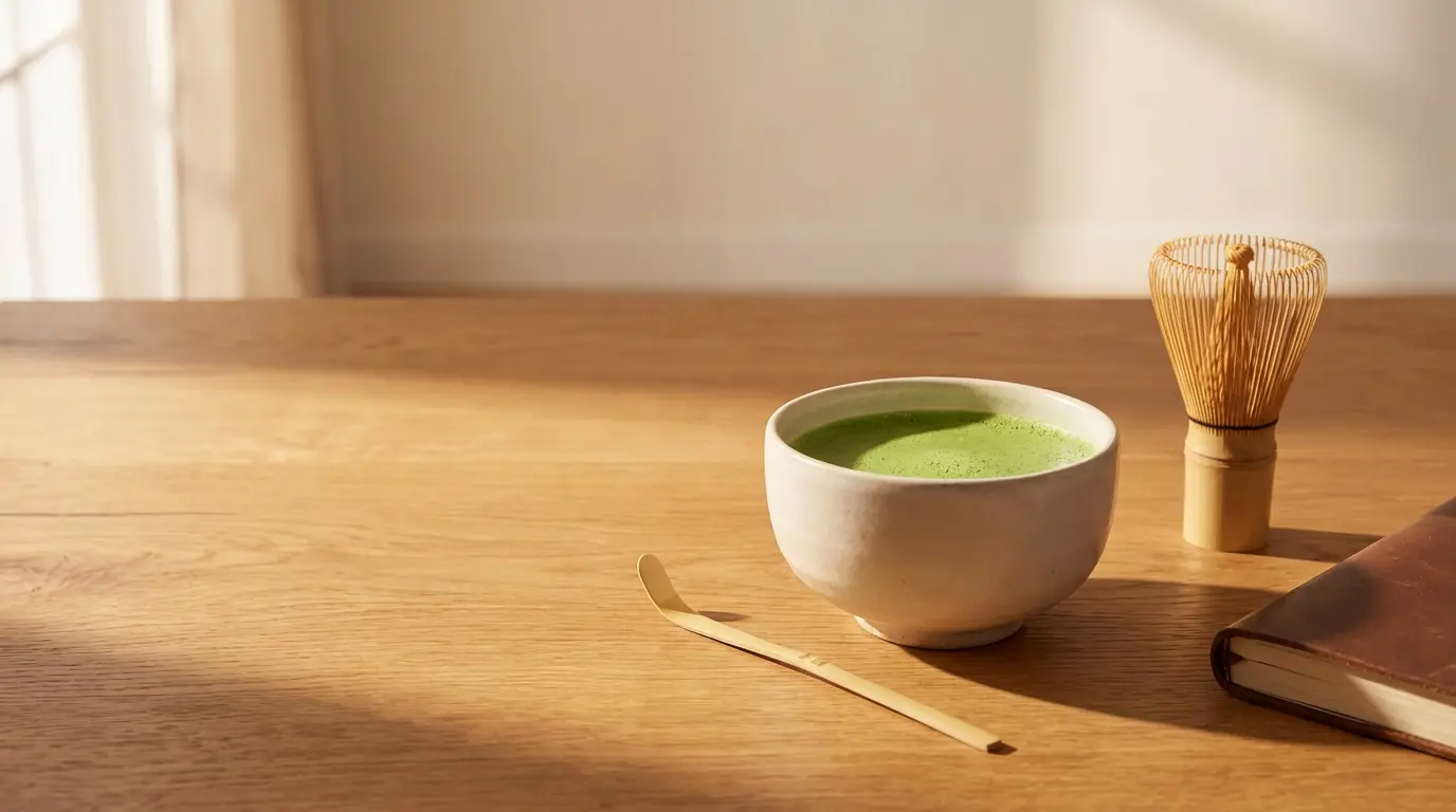 A ceramic bowl filled with green matcha tea sits on a wooden table, alongside a bamboo whisk, a bamboo spoon, and a book in warm natural light.