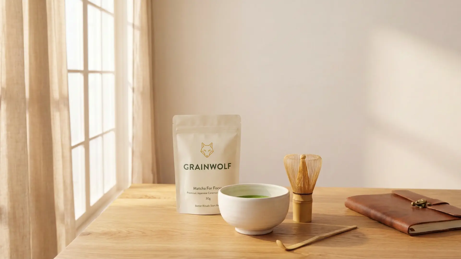 A complete Grain Wolf ceremonial matcha tea setup featuring a branded pouch, a prepared ceramic bowl of green tea, a bamboo whisk, a wooden scoop, and a leather journal on a sunlit table by a window.