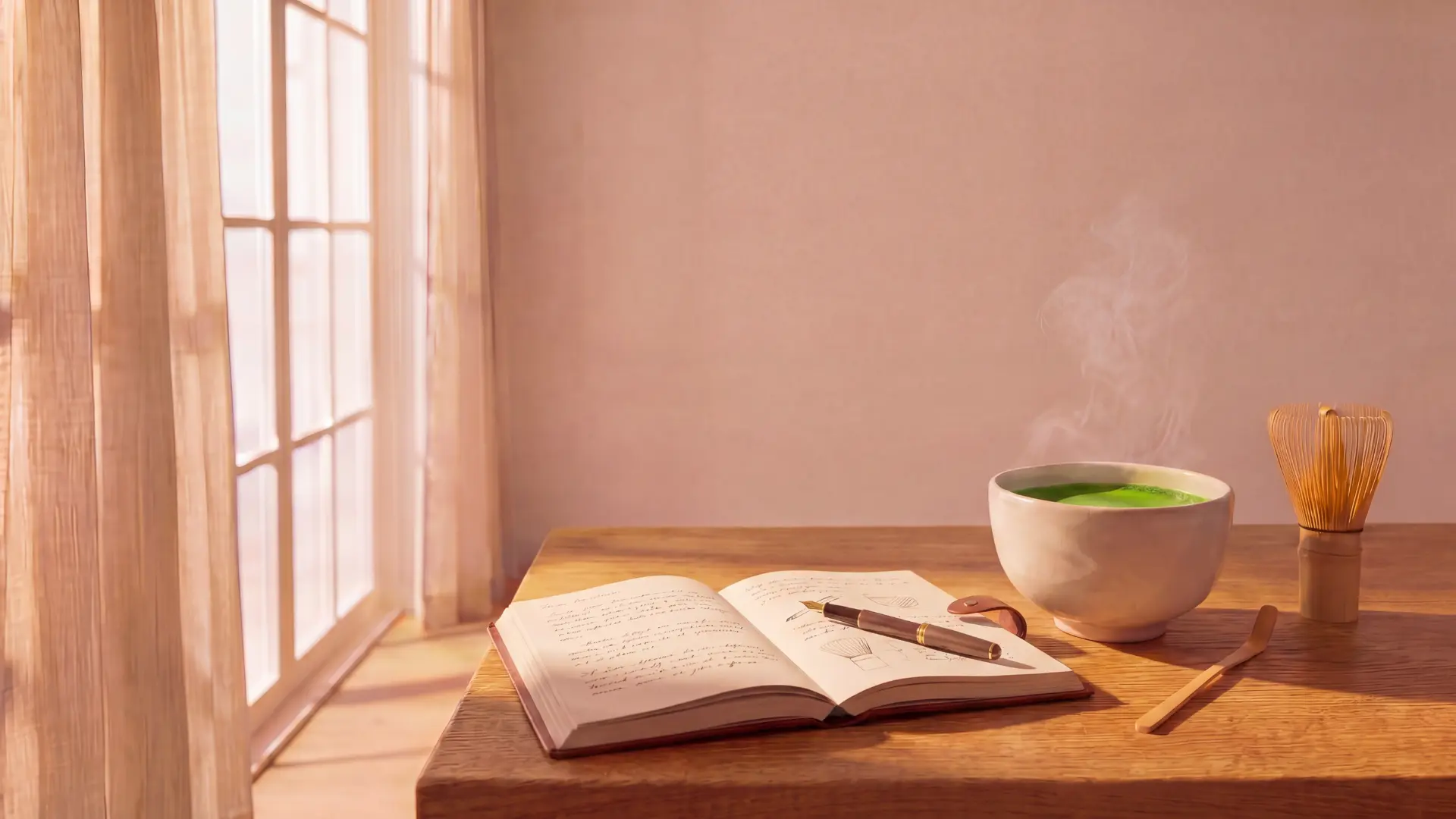 A steaming ceramic bowl of frothy green matcha tea next to a traditional bamboo whisk, a wooden scoop, and an open leather journal with a fountain pen on a sunlit desk.