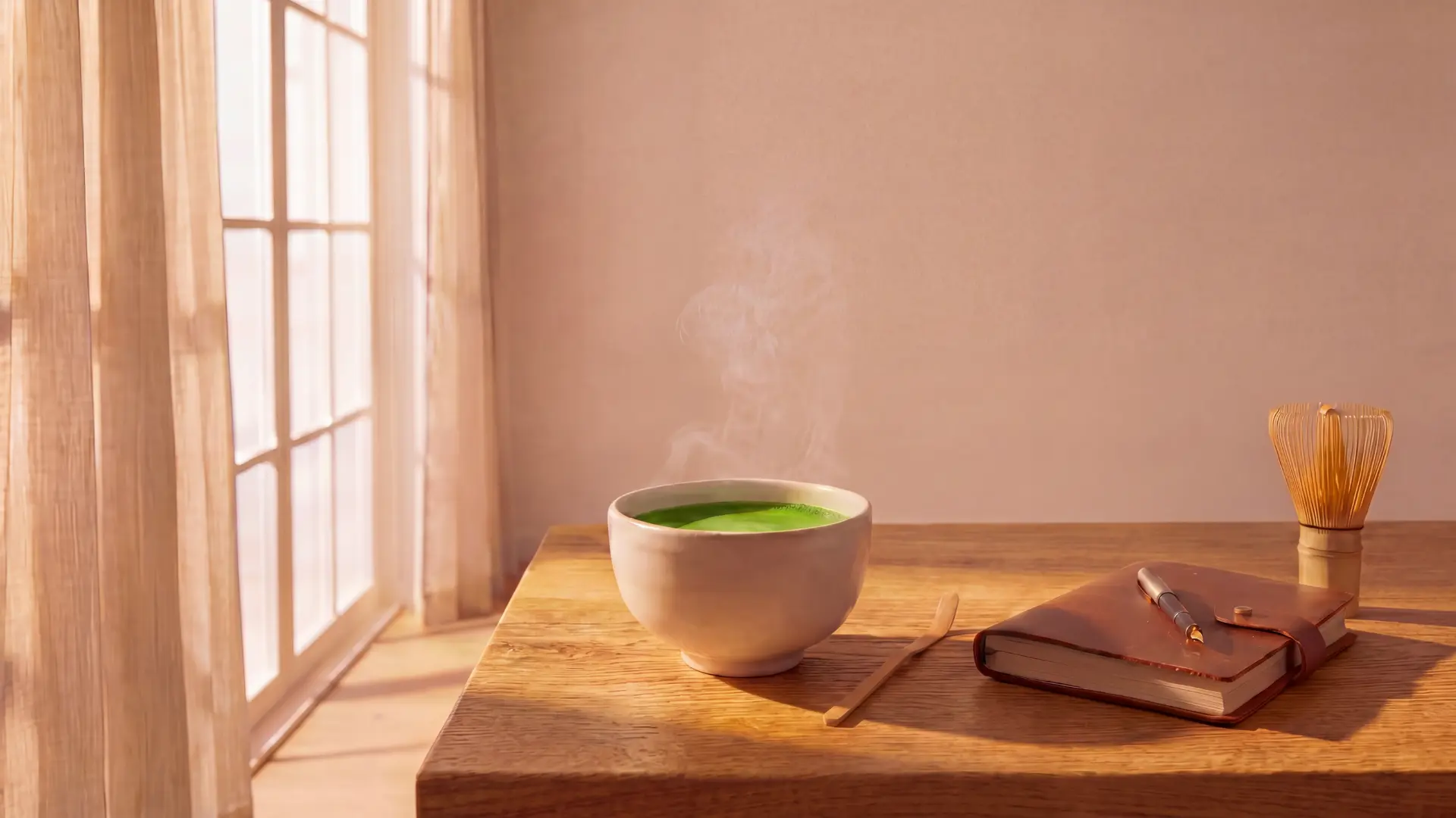 A steaming ceramic bowl of frothy green matcha tea next to a brown leather journal and bamboo whisk on a sunlit wooden desk by a window.