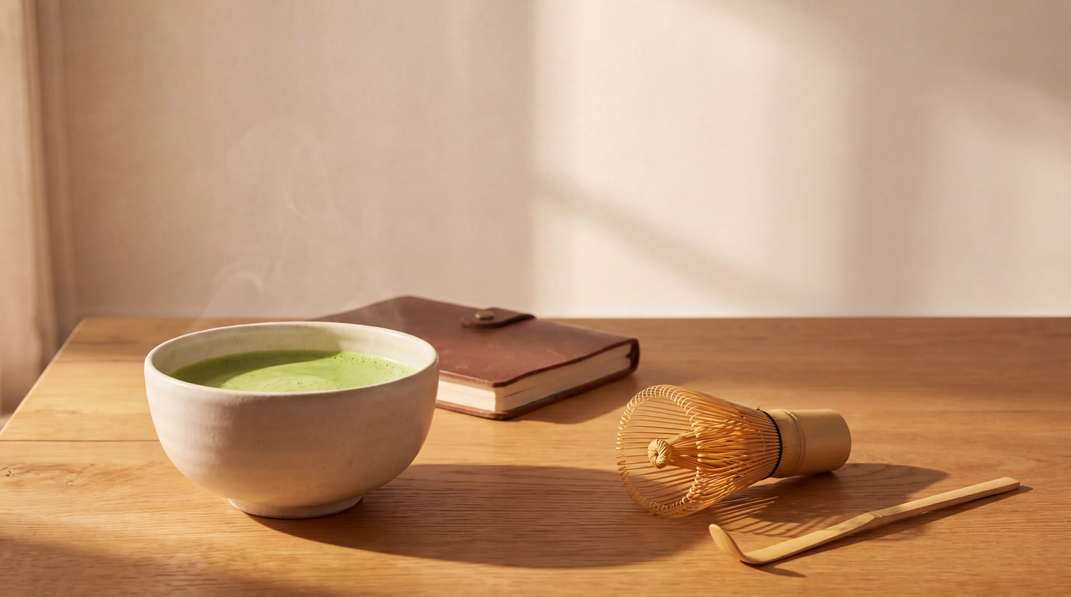 A steaming ceramic bowl of frothy green matcha tea next to a traditional bamboo whisk, scoop, and a closed leather journal on a sunlit wooden table.