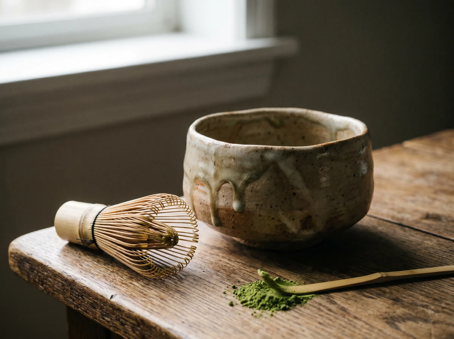 A traditional ceramic matcha tea bowl filled with green tea next to a bamboo whisk and a small scoop of matcha powder on a rustic wooden table.