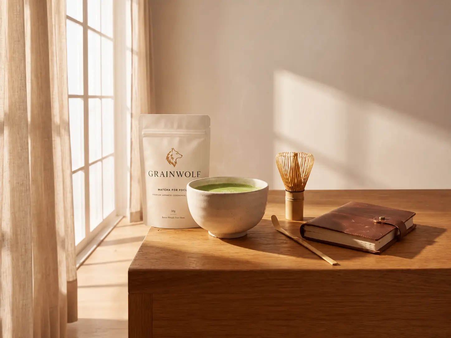 A Grain Wolf matcha powder bag next to a ceramic bowl of green tea, a bamboo whisk, and a rustic leather journal on a sunlit wooden desk by a window.