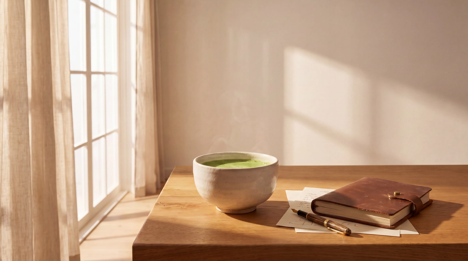 A crisp action shot of hot water pouring cleanly into a ceramic matcha tea bowl on a minimalist wooden desk next to a leather journal.