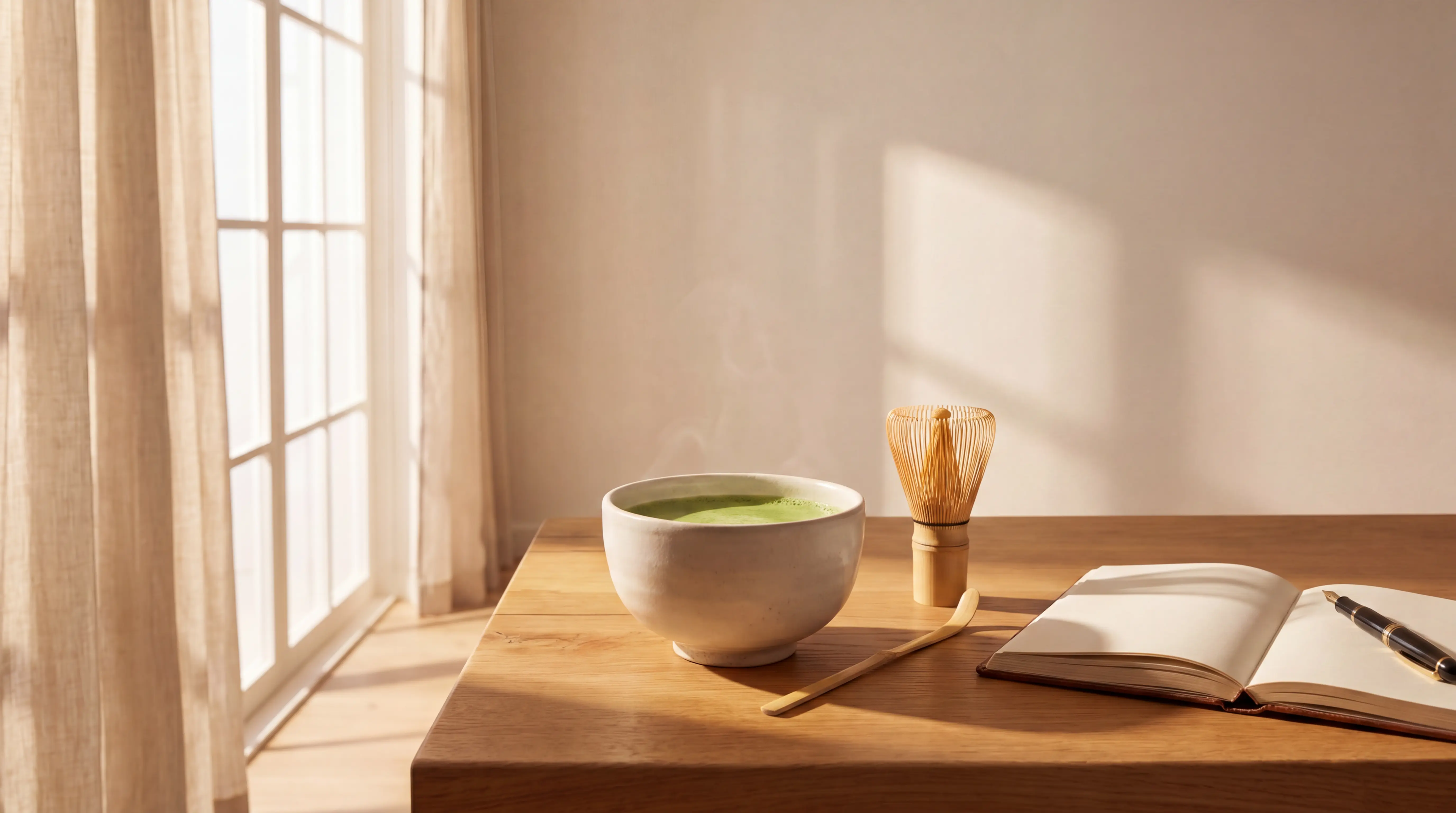 A serene, sunlit room featuring a warm ceramic bowl of green matcha tea, a bamboo whisk, and an open journal with a pen on a wooden table by a large window with sheer curtains.