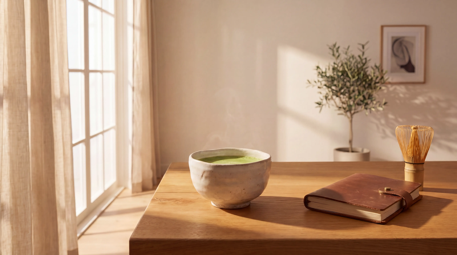 A clean and minimalist wooden desk setup featuring a closed laptop, a smartphone, and a rustic leather journal bathed in warm morning sunlight.
