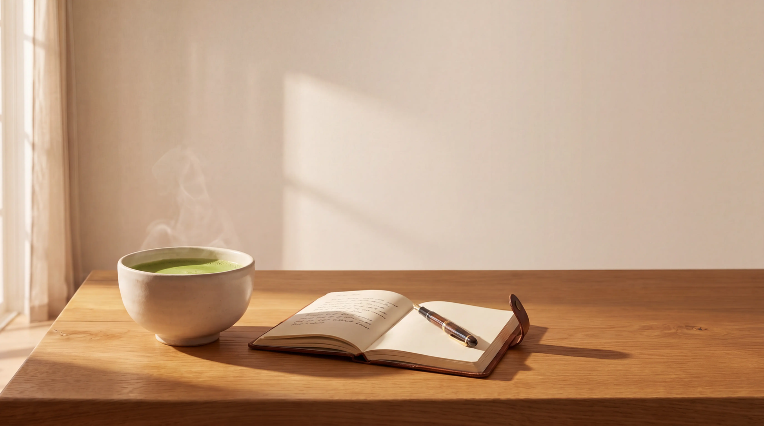 A steaming ceramic bowl of frothy green matcha tea next to an open leather journal and a fountain pen on a sunlit wooden desk by a window.