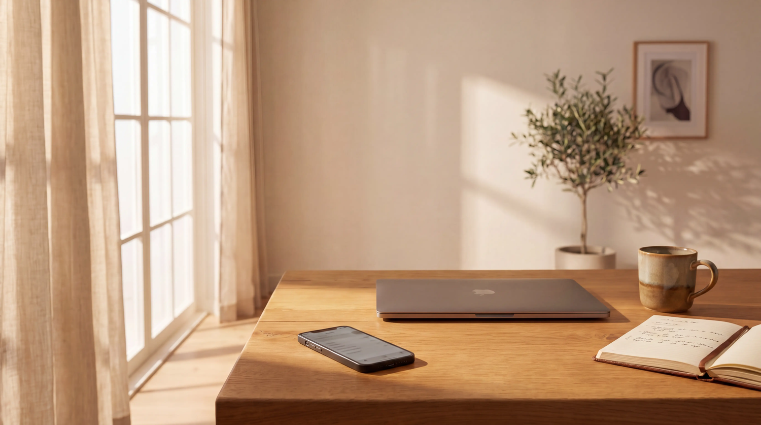 A minimalist morning productivity desk setup featuring a closed laptop, a smartphone, and a rustic leather journal under warm morning sunlight by a window.