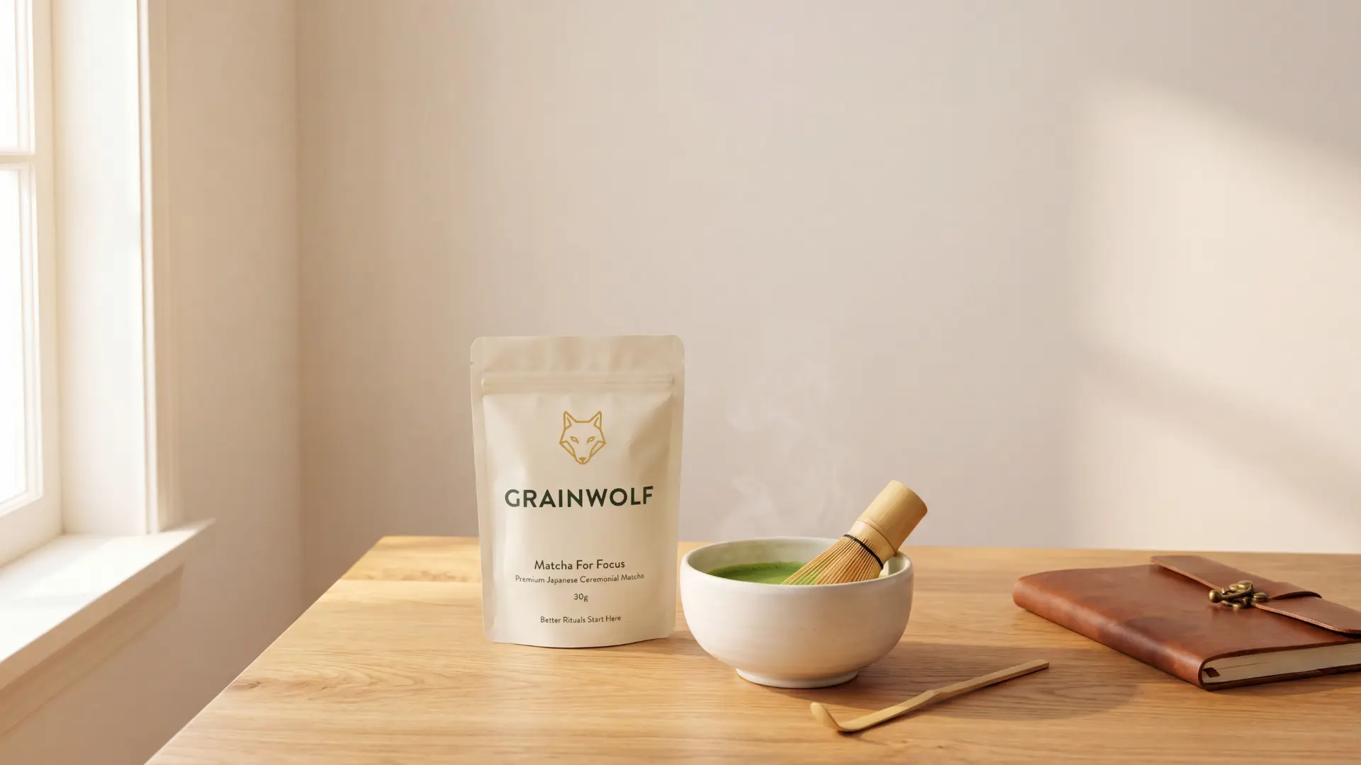 A stand-up pouch of Grain Wolf ceremonial matcha tea next to a prepared ceramic bowl of green tea, a bamboo whisk, and a leather journal on a sunlit wooden desk.
