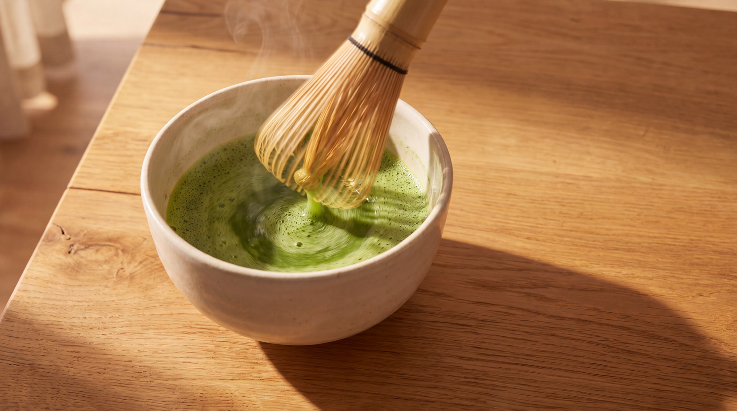 A close-up of a traditional bamboo whisk creating a frothy green foam in a ceramic matcha bowl on a sunlit wooden table.