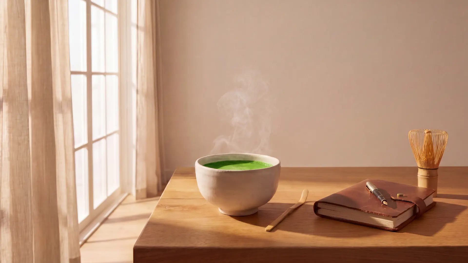 A freshly prepared bowl of frothy green matcha tea next to a brown leather journal and bamboo whisk on a sunlit wooden desk.