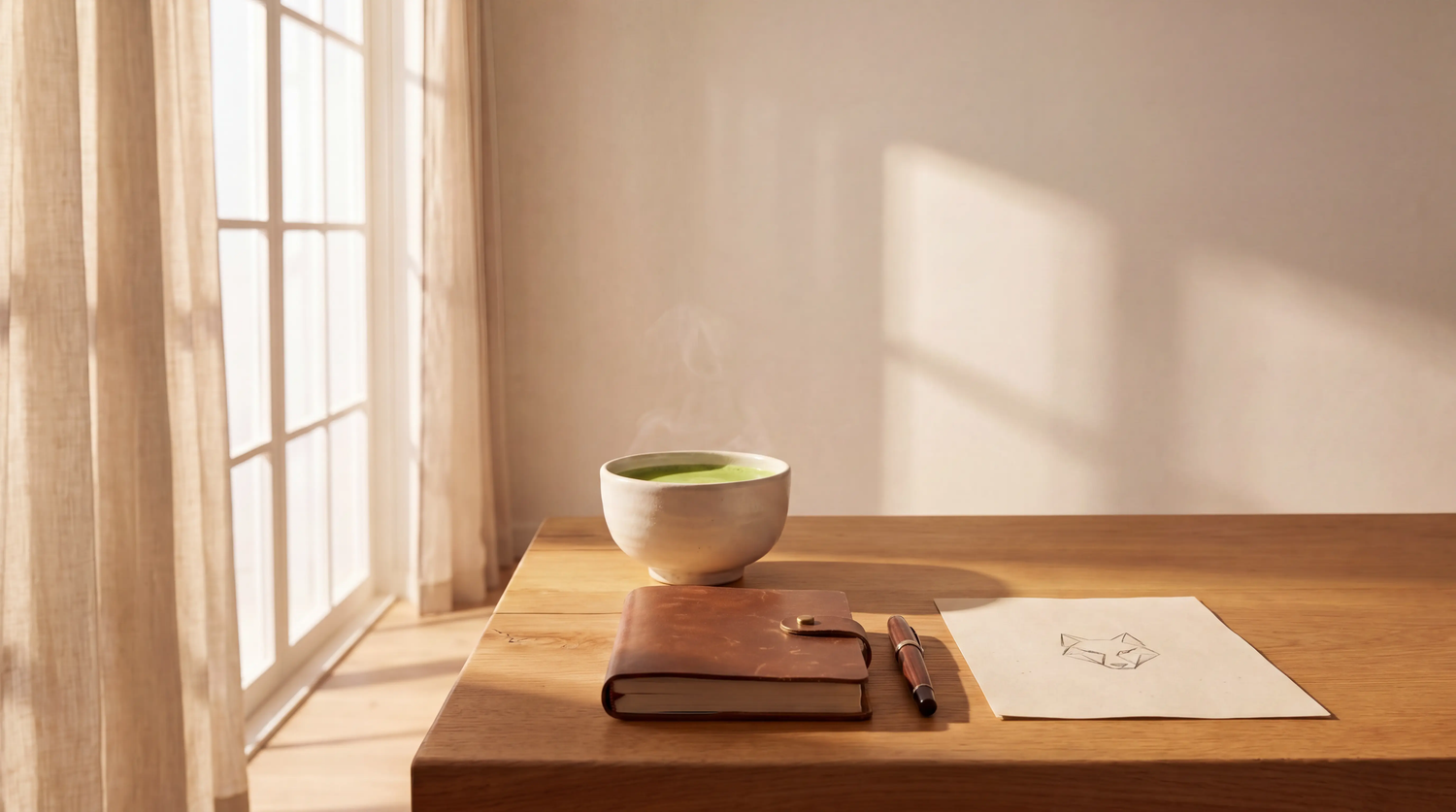 A peaceful morning scene featuring a warm ceramic matcha bowl, an open leather journal, and a fountain pen on a sunlit wooden desk by a window with sheer curtains.