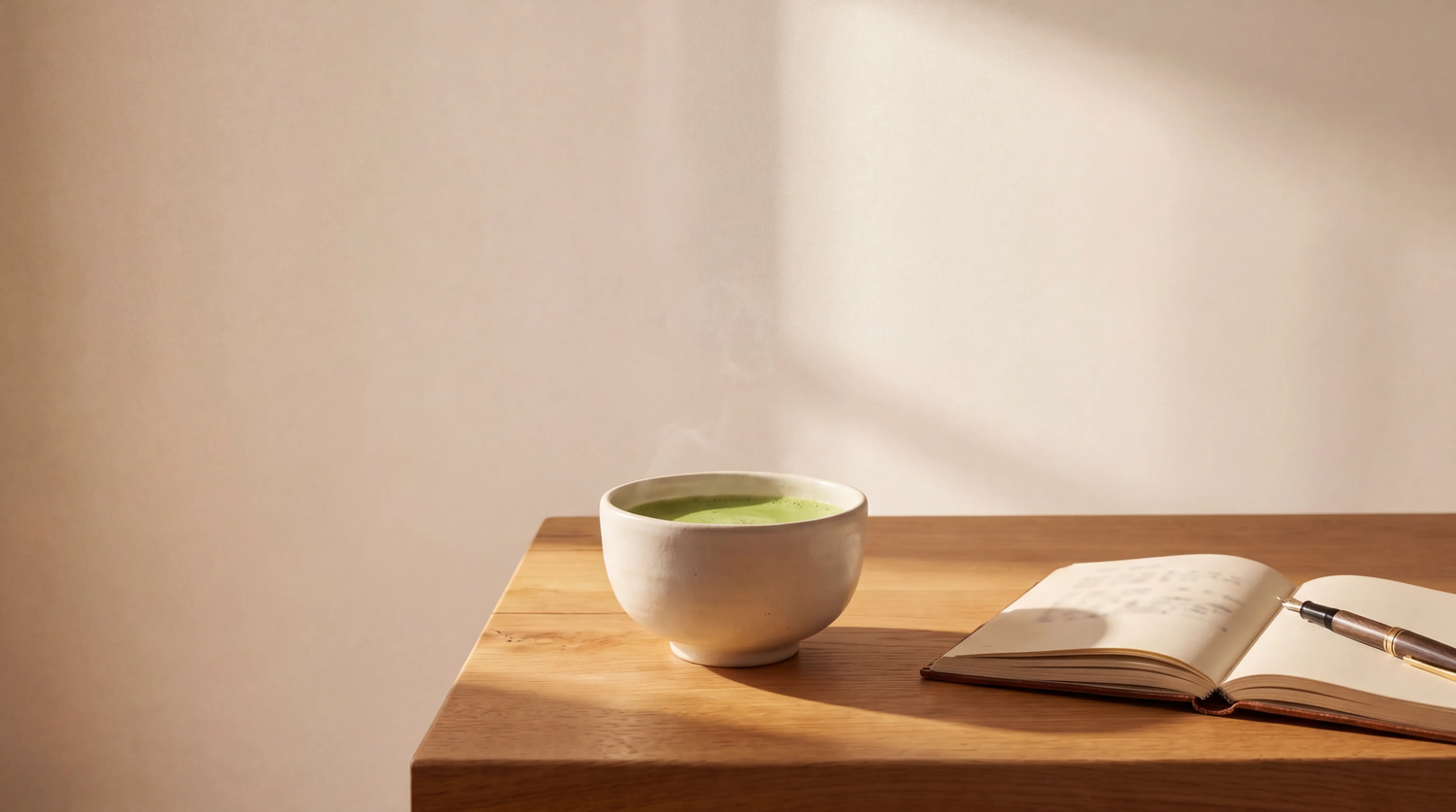 A freshly prepared ceramic bowl of frothy green matcha tea next to an open journal and fountain pen on a sunlit wooden desk, capturing the start of a morning focus ritual.