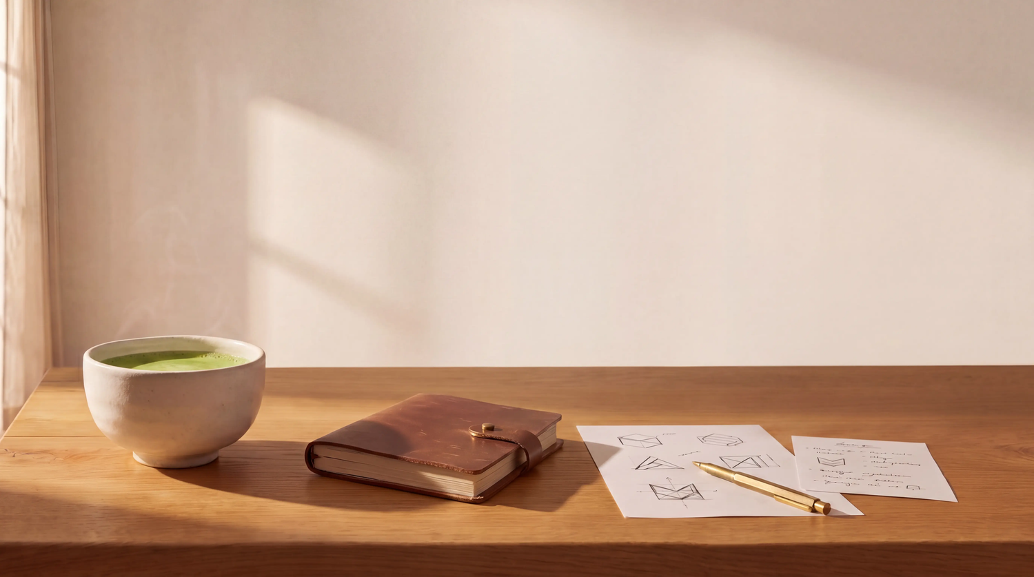 A serene morning workspace featuring a bowl of frothy green matcha tea next to a closed leather journal, a brass fountain pen, and design sketches on a sunlit wooden desk.